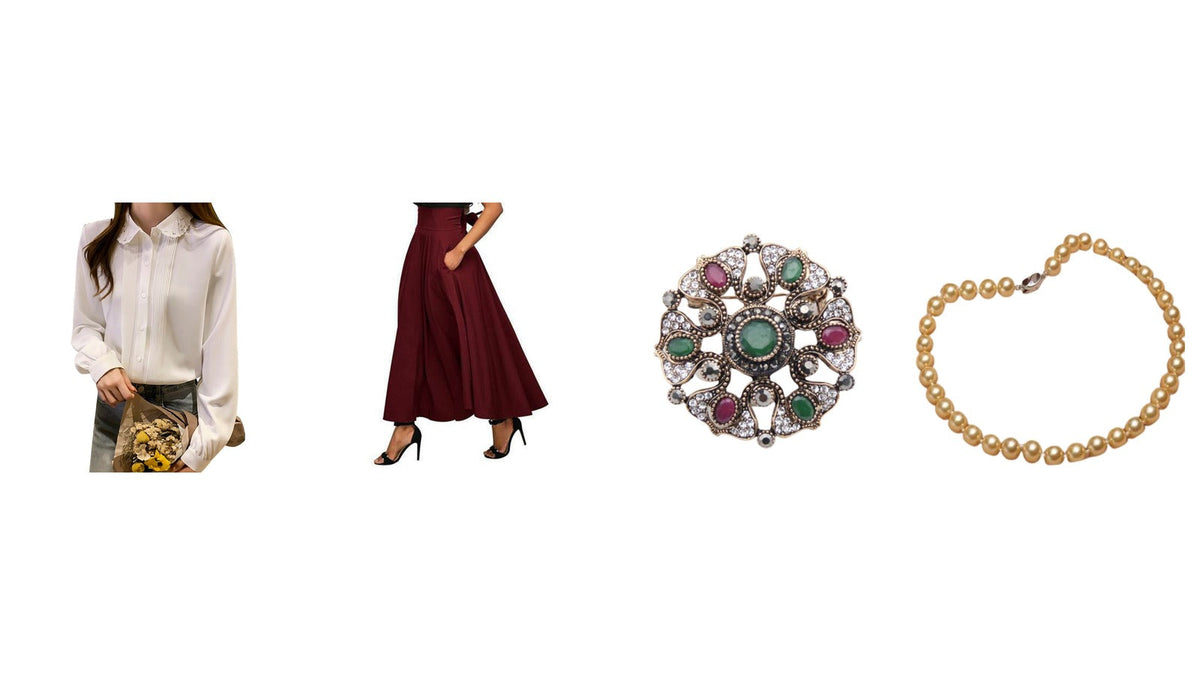 Le look 1900 en quatre pièces : chemisier blanc à col de dentelle, jupe longue bordeaux, broche ancienne et collier de perles