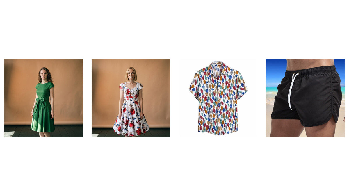 Tenues de beach party rétro : robes années 50, chemise à feuilles et short de bain noir