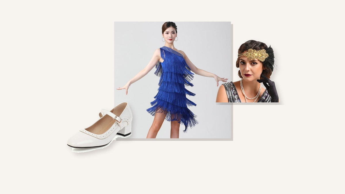 Tenue Charleston pour danser : robe bleue à franges, chaussure blanche à petit talon et bandeau doré