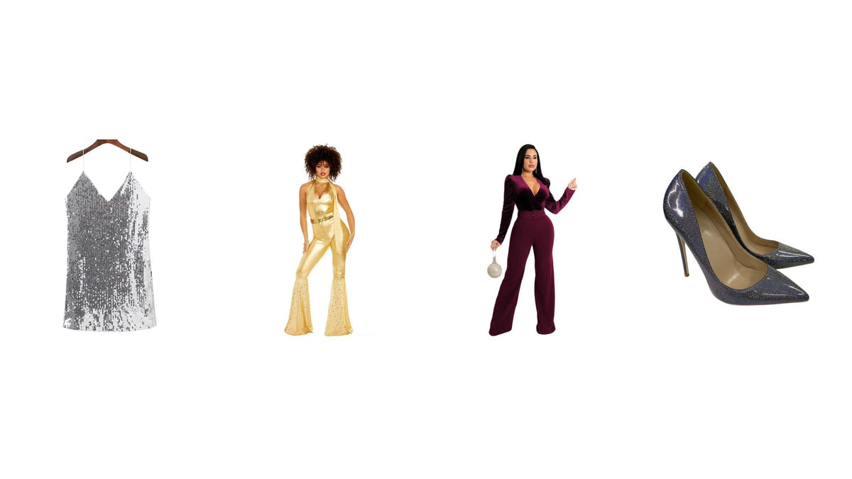 Quatre pièces d'une tenue disco femme sur fond blanc : ensemble doré à pattes d'éph, robe courte à sequins argentés, combinaison en velours bordeaux et escarpins pailletés Image