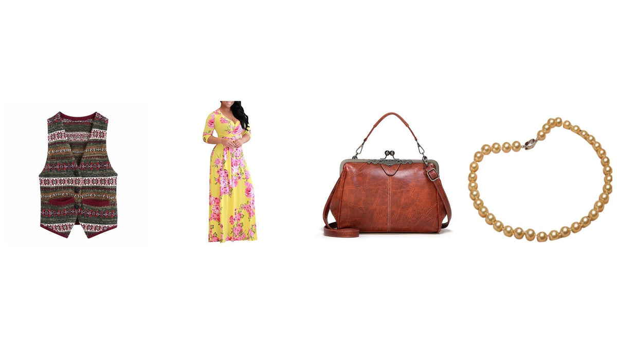 Quatre pièces d'un déguisement de mamie sur fond blanc : robe longue à fleurs, gilet sans manche tricoté, collier de perles dorées et sac à main en cuir à fermoir Image