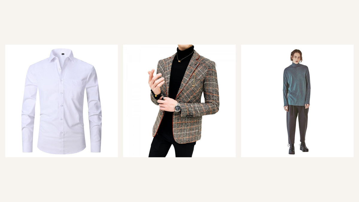 Chemise blanche, blazer à carreaux et pantalon sombre pour composer une tenue de mariage séparée Image