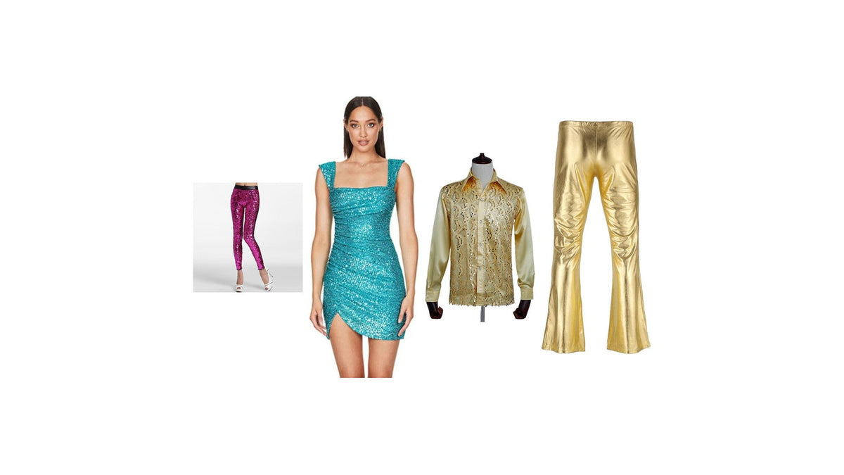 Tenue party disco femme et homme : robe turquoise, pantalon rose, chemise dorée et pantalon doré Image