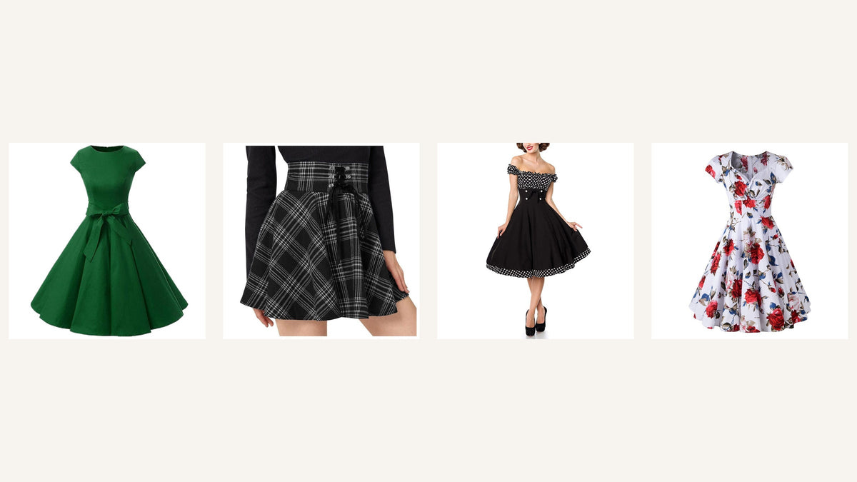 Style Brigitte Bardot revisité : robe verte évasée, jupe à carreaux, robe noire aux épaules dégagées et robe fleurie