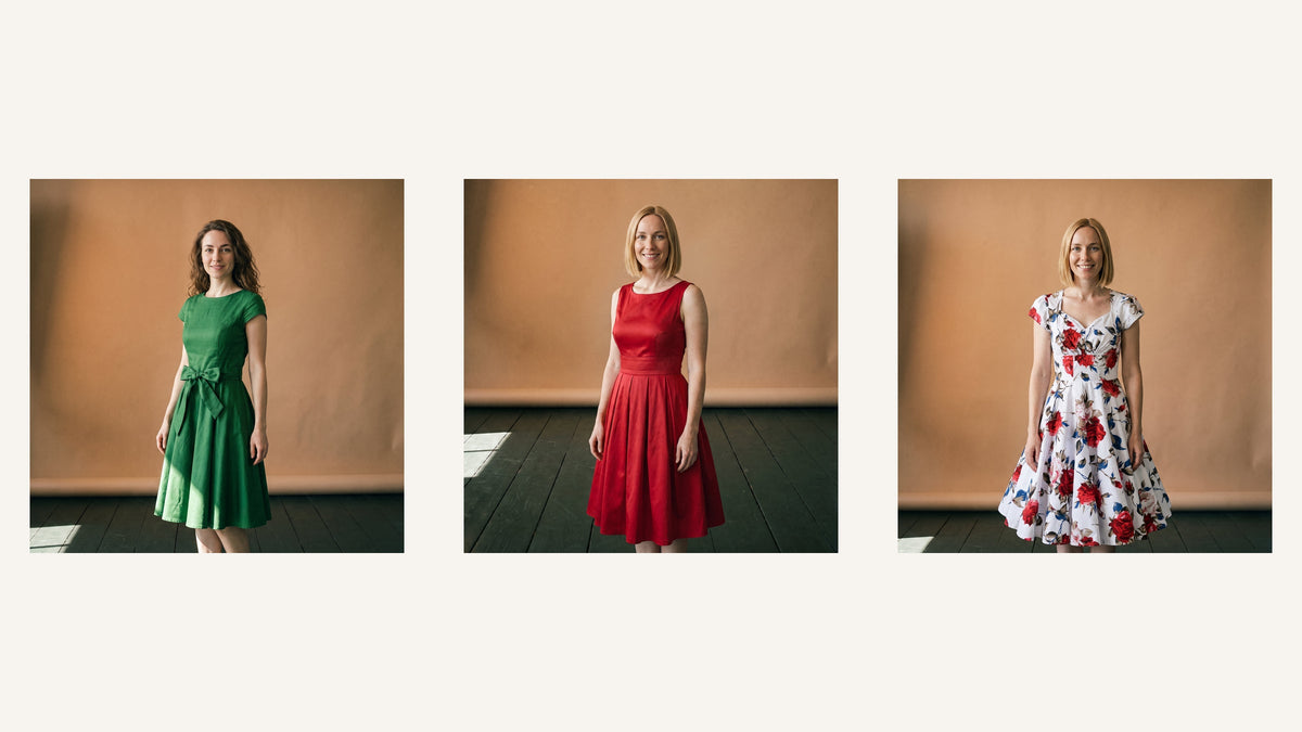 Trois robes années 50 à taille marquée dans une palette verte, noire et rouge Image
