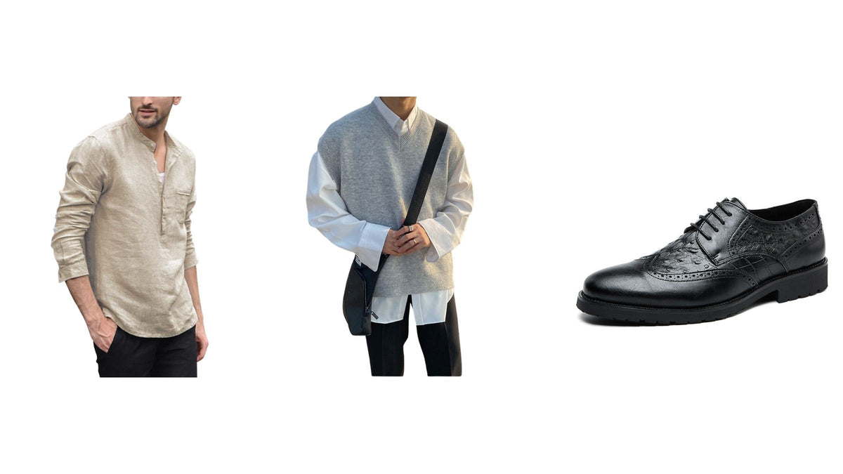 Tenue homme inspirée des années 40 avec chemise beige, pull sans manches gris et chaussure noire