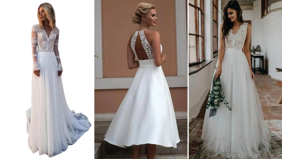 Trois robes blanches de réception, longues et mi-longue