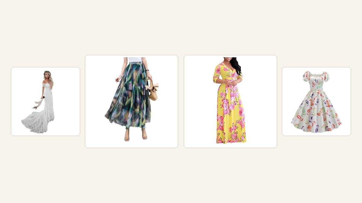 Quatre tenues contemporaines illustrent les styles bohème et champêtre Image