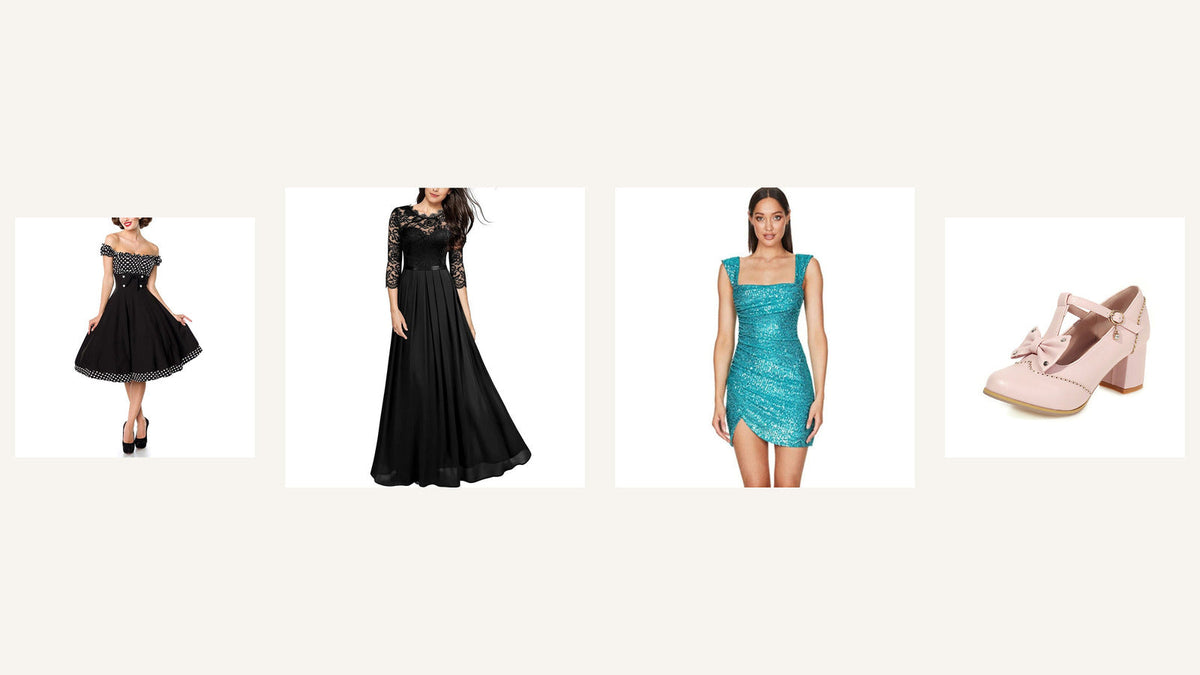 Quatre idées chic et choc : robe rétro à pois, robes de soirée noire et turquoise, escarpin rose à nœud Image