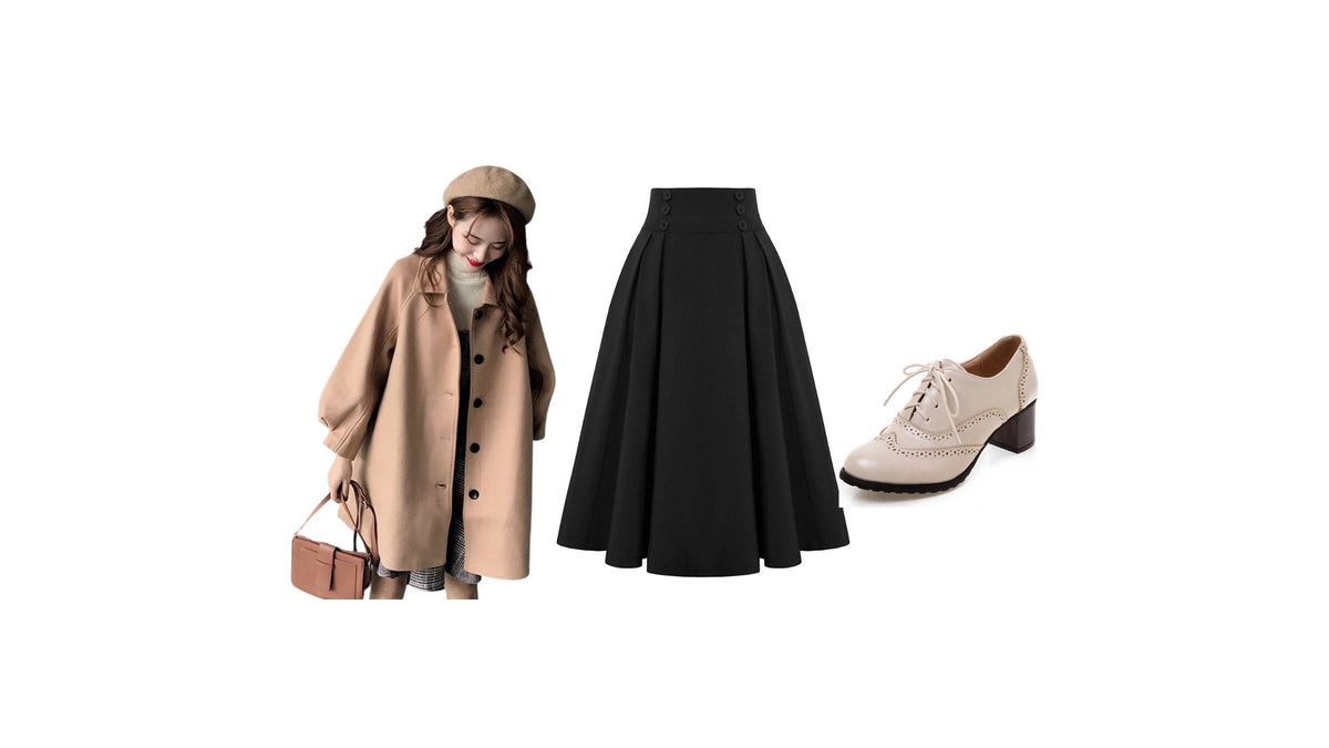 Mode femme années 40 : manteau boutonné avec béret, jupe noire taille haute et chaussure lacée claire Image