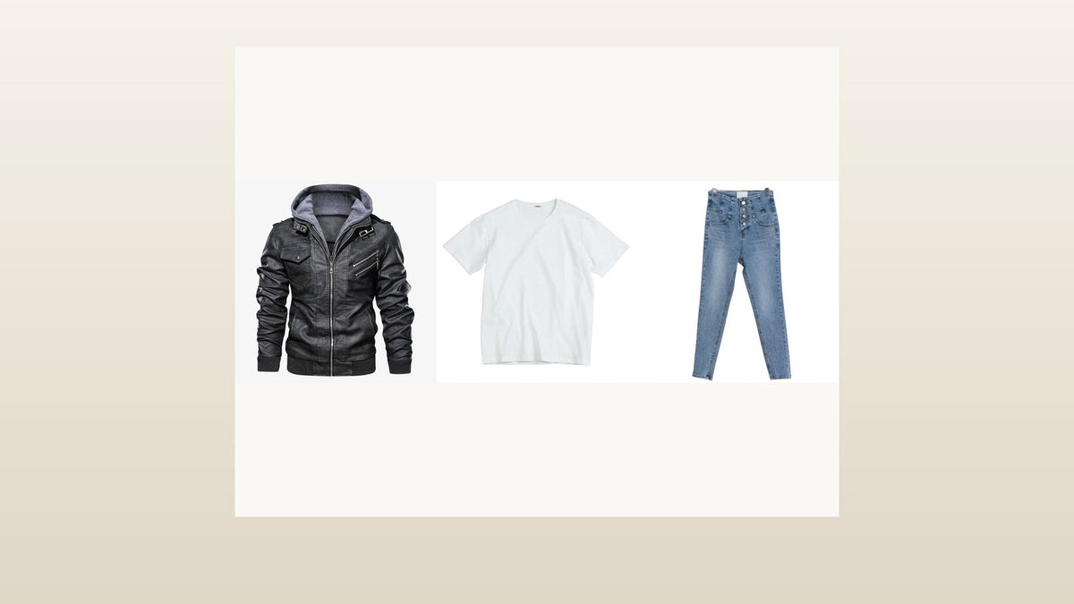 Tenue inspirée de James Dean avec blouson noir, tee-shirt blanc et jean bleu Image