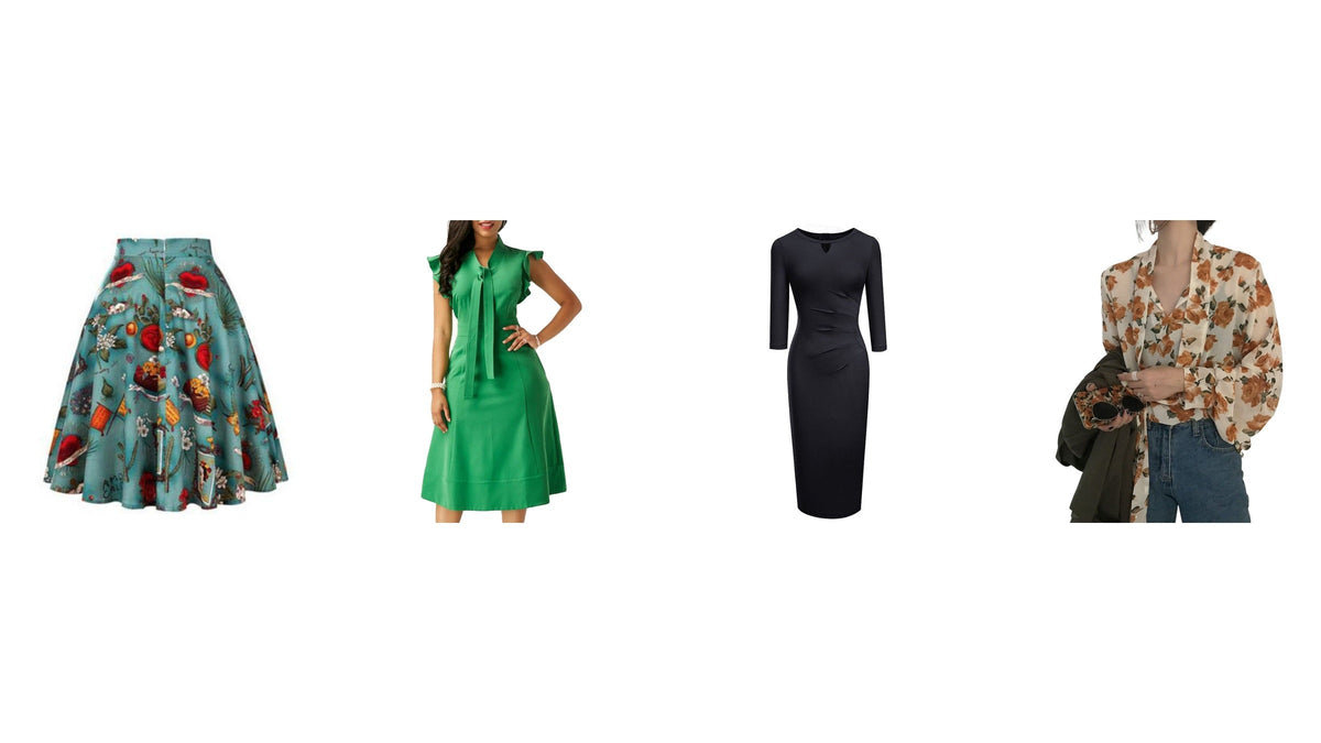 Tenue années 60 : jupe imprimée, robe verte, robe noire droite et chemise fleurie