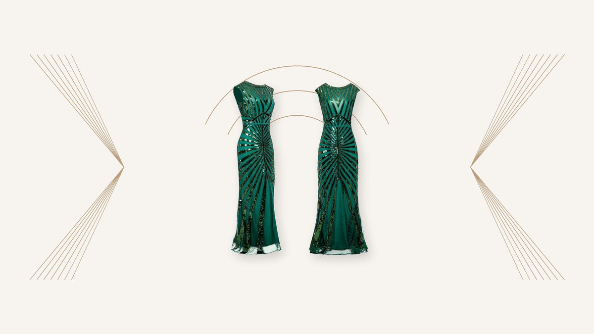 Robe longue verte d’inspiration années 1920, vue de face et de dos, sur un décor géométrique Image