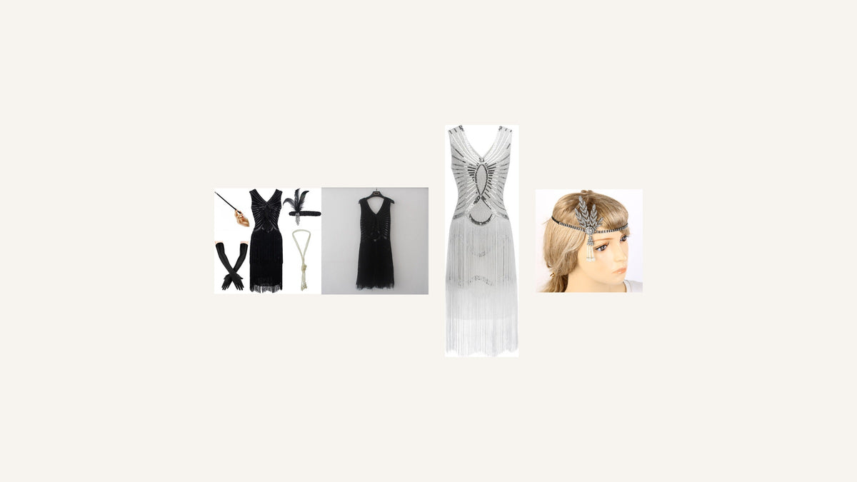 Trois robes Charleston noires et claires avec un bandeau orné pour composer un look années 20