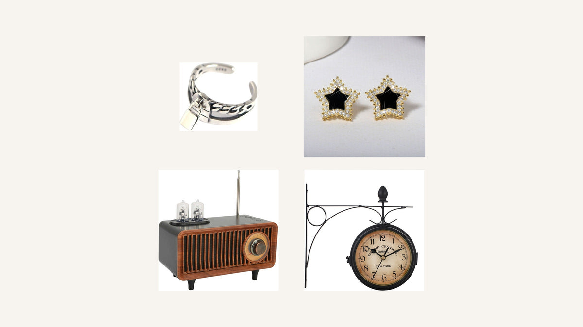 Bague, boucles d’oreilles, enceinte et horloge réunies dans une sélection de boutique vintage