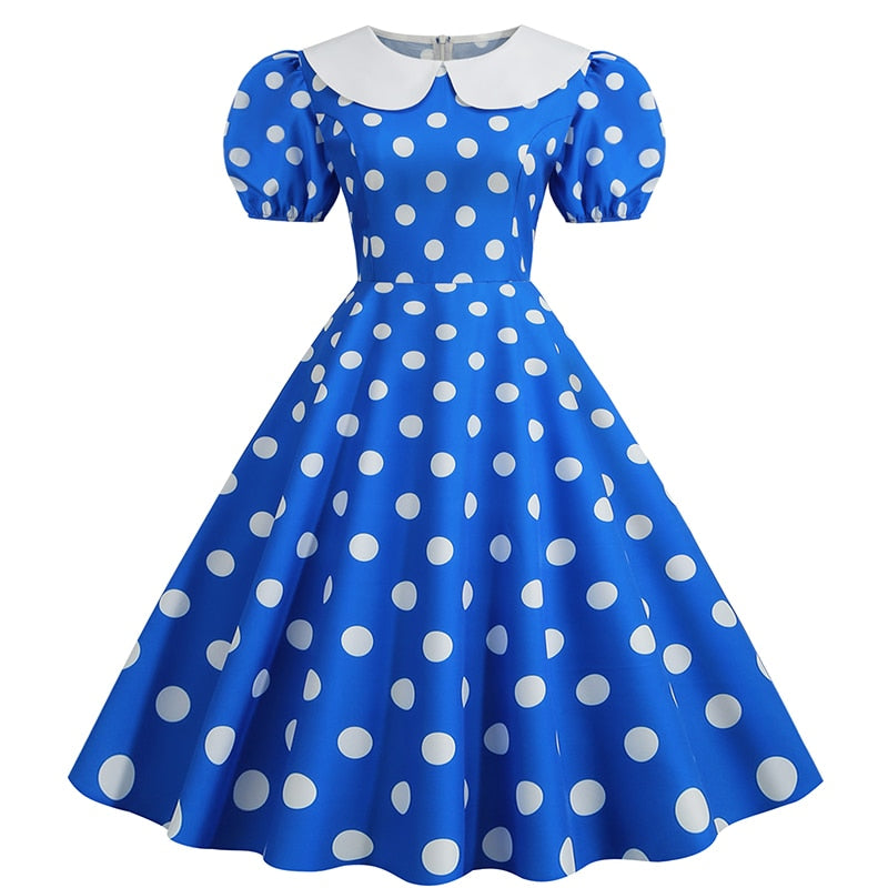 robe-vintage-bleu-pois-blanc