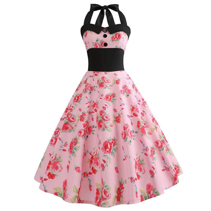 robe-annee-80-pin-up-rose-fleurs